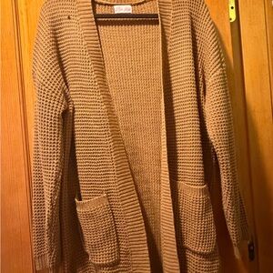 Tan Open-Front Waffle Knit Cardigan